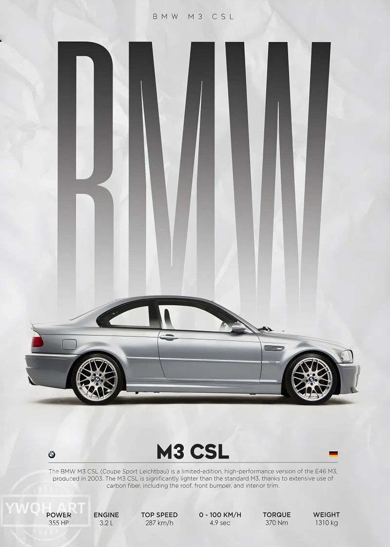 Poster de voiture, affiche murale BMW M3 E46 CSL