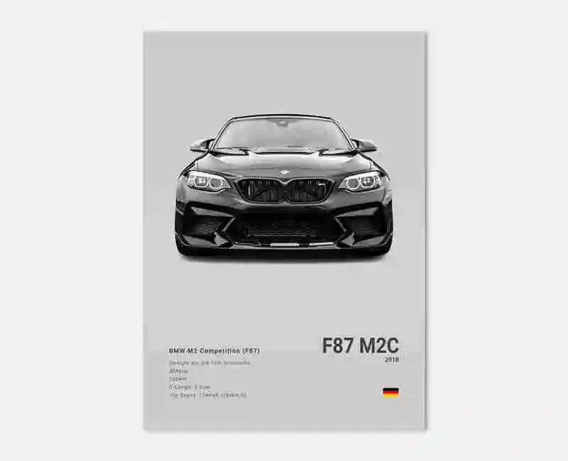 Poster voiture, affiche murale BMW Motorsport, BMW M2 Competition, fond gris