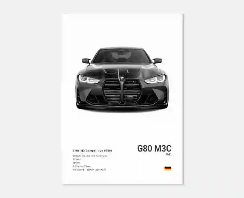 Poster voiture, affiche murale BMW Motorsport, BMW M3 Competition, fond blanc