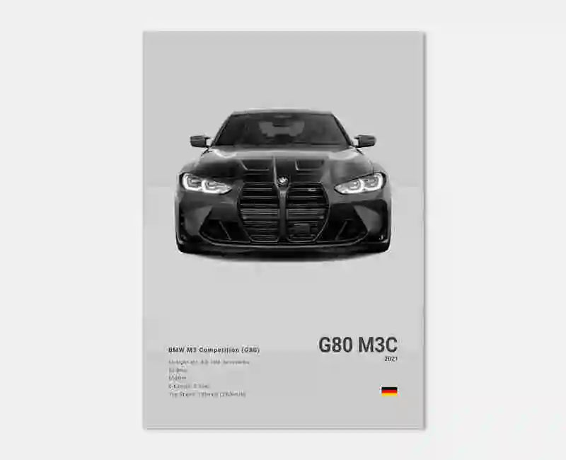 Poster voiture, affiche murale BMW Motorsport, BMW M3 Competition, fond gris