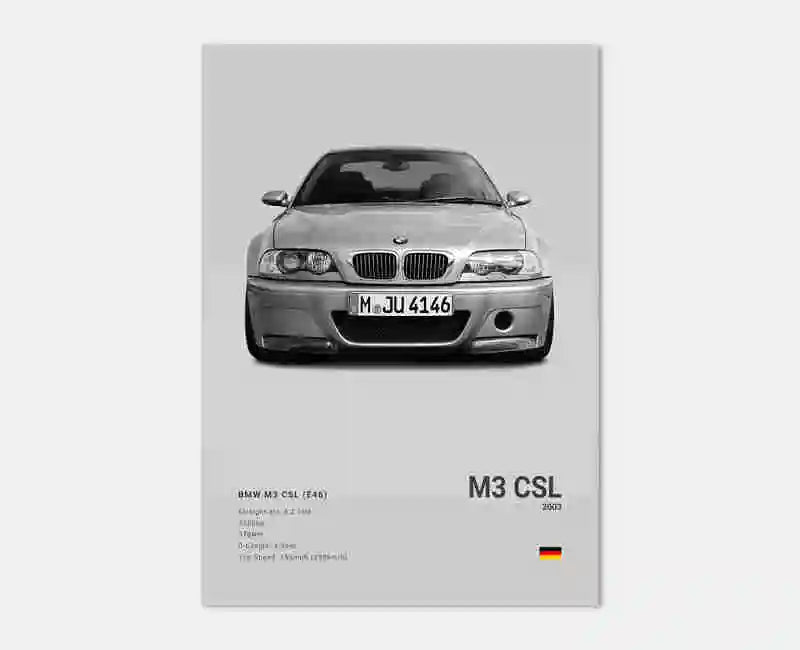 Poster voiture, affiche murale BMW Motorsport, BMW M3 CSL, fond gris