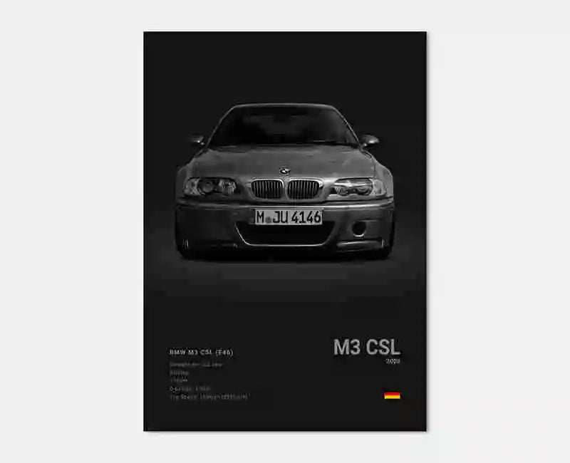 Poster voiture, affiche murale BMW Motorsport, BMW M3 CSL, fond noir