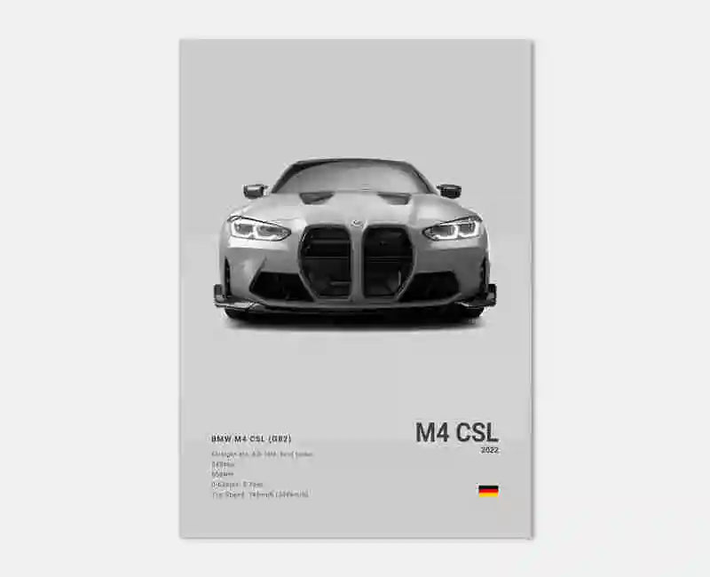 Poster voiture, affiche murale BMW Motorsport, BMW M4 CSL, fond gris