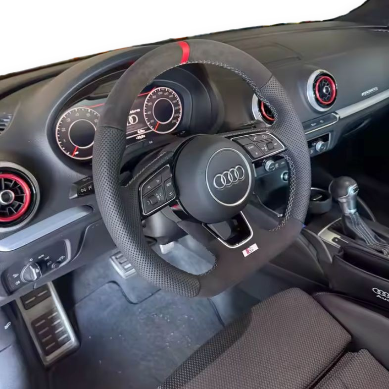 Volant à méplat Performance pour Audi A4, S4 B9 (2015 à 2024), cuir noir et alcantara, surpiqûres rouges