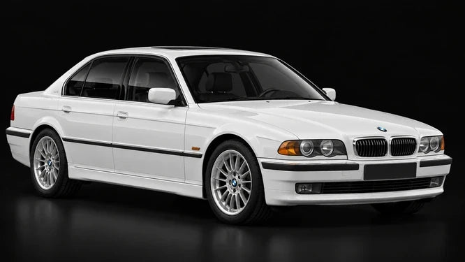 BMW Série 7 E38 blanche, vue de trois-quarts avant sur fond noir
