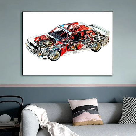 Affiche voiture BMW M3 E30 DTM en vue en coupe, poster voiture de course