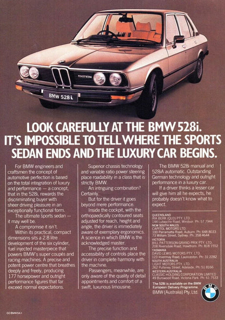 Affiches publicitaires vintage de voiture BMW, BMW Série 5 E28 1