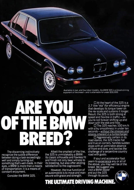 Affiches publicitaires vintage de voiture BMW, BMW Série 3 E30