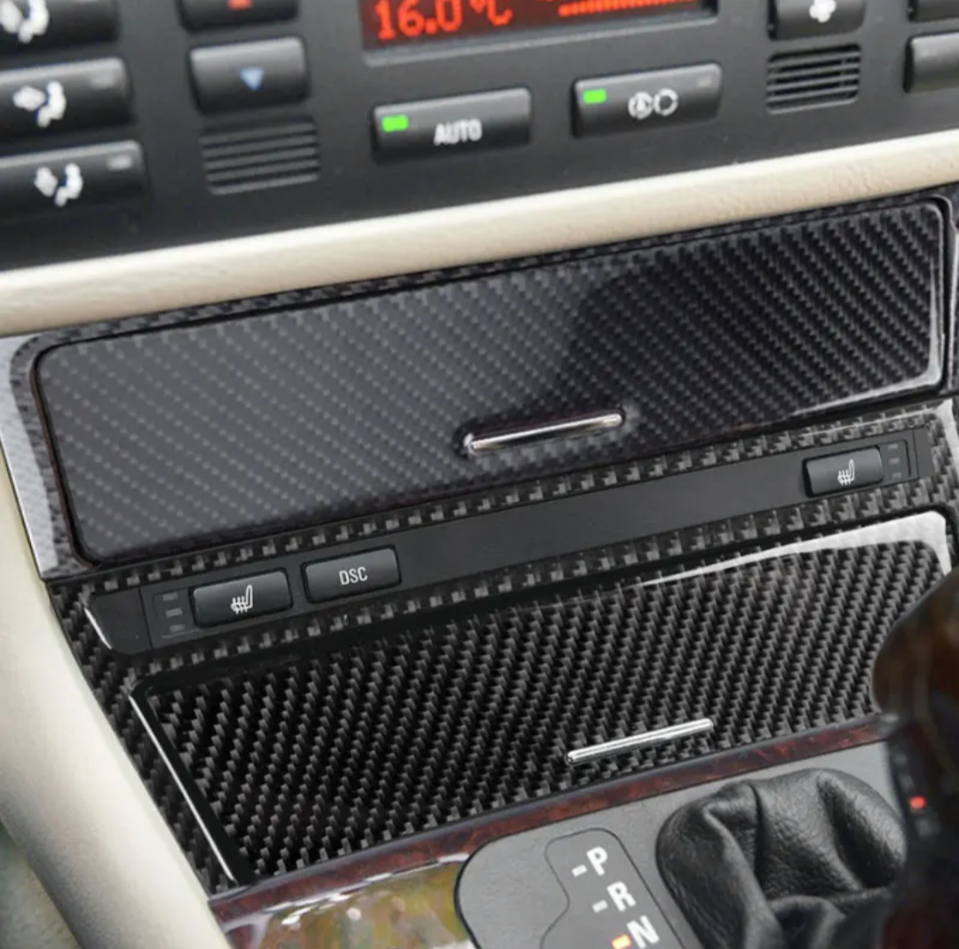 Garniture console centrale look carbone pour BMW Série 3 E46 (1997 à 2006), garnitures inférieures et supérieures