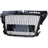 Grille de calandre nid d'abeille type RS3 pour Audi A3 8P (2005 à 2012), phase 1 - 2005 à avril 2008 (noir mat), vue 1