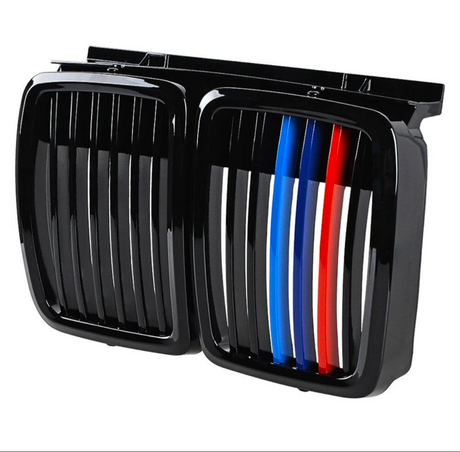 Grilles de calandre noir brillant pour BMW Série 3 et M3 E30 (1982 à 1991), look Motorsport