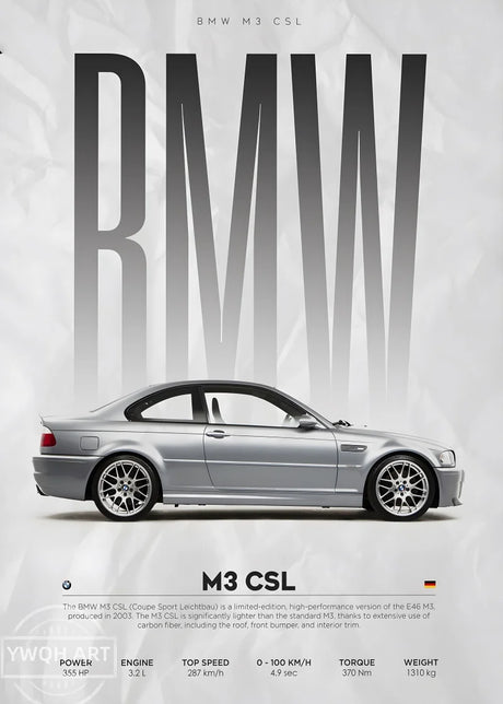 Poster de voiture, affiche murale BMW M3 E46 CSL