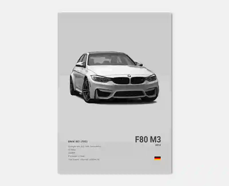 Poster voiture, affiche murale BMW Motorsport, BMW M3 F80, fond gris