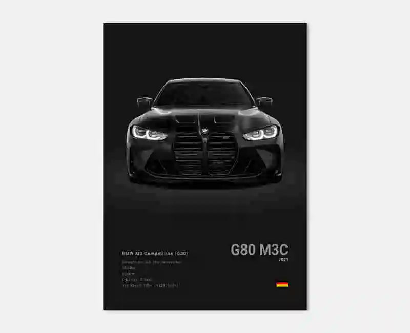 Poster voiture, affiche murale BMW Motorsport, BMW M3 Competition, fond noir