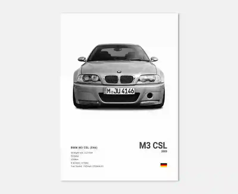 Poster voiture, affiche murale BMW Motorsport, BMW M3 CSL, fond blanc
