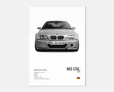 Poster voiture, affiche murale BMW Motorsport, BMW M3 CSL, fond blanc