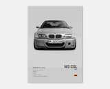 Poster voiture, affiche murale BMW Motorsport, BMW M3 CSL, fond gris