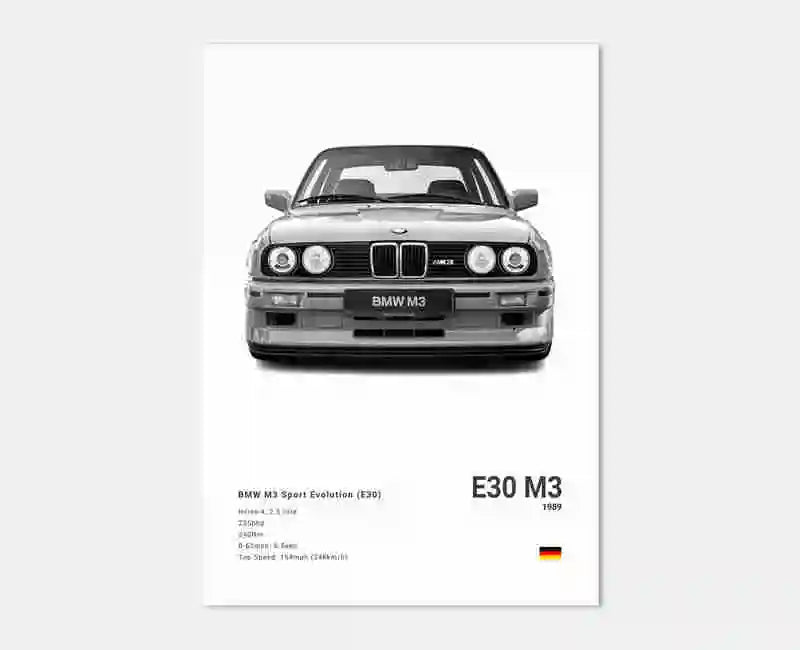 Poster voiture, affiche murale BMW Motorsport, BMW M3 E30, fond blanc