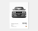 Poster voiture, affiche murale BMW Motorsport, BMW M3 E30, fond blanc