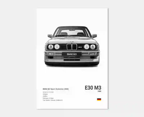 Poster voiture, affiche murale BMW Motorsport, BMW M3 E30, fond blanc