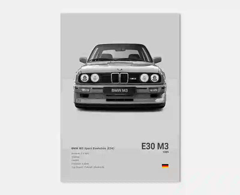 Poster voiture, affiche murale BMW Motorsport, BMW M3 E30, fond gris