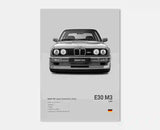 Poster voiture, affiche murale BMW Motorsport, BMW M3 E30, fond gris