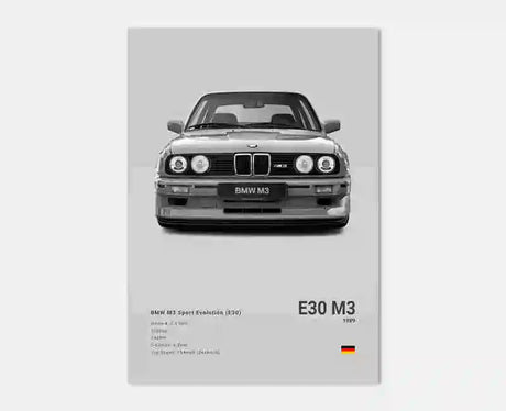 Poster voiture, affiche murale BMW Motorsport, BMW M3 E30, fond gris