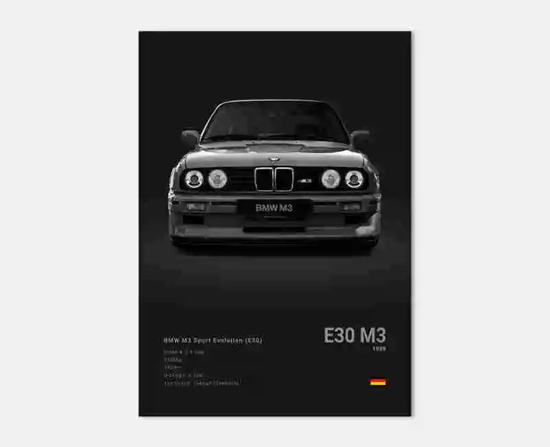 Poster voiture, affiche murale BMW Motorsport, BMW M3 E30, fond noir