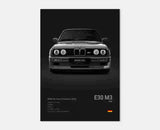 Poster voiture, affiche murale BMW Motorsport, BMW M3 E30, fond noir