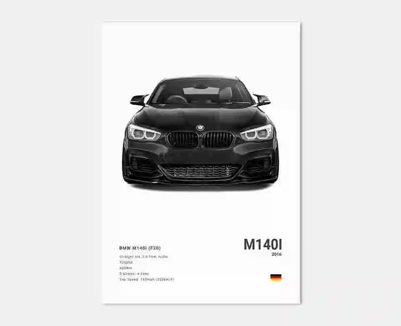 Poster voiture, affiche murale BMW Motorsport, BMW M140i, fond blanc