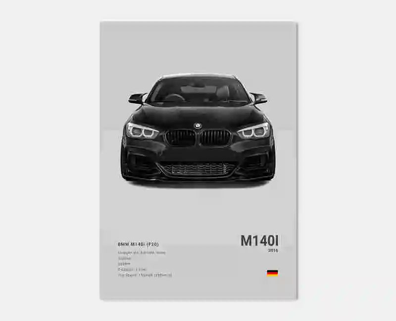 Poster voiture, affiche murale BMW Motorsport, BMW M140i, fond gris