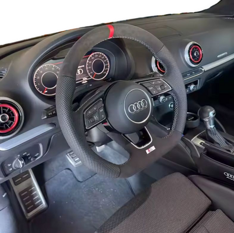 Volant à méplat Performance pour Audi A3, S3 8V (2012 à 2020), cuir noir et alcantara, surpiqûres rouges