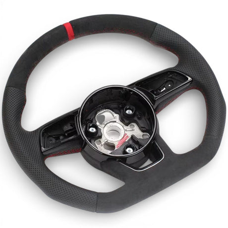 Volant à méplat Performance pour Audi A5, S5 B9 (2016 à 2024), cuir noir et alcantara, surpiqûres rouges, sans logo